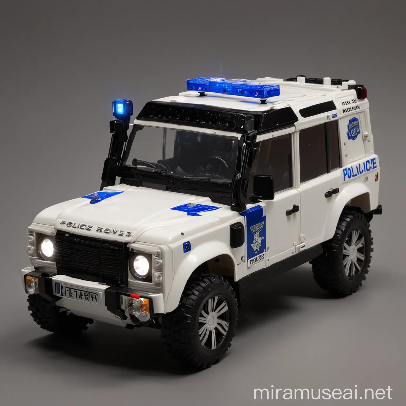 White Police Land Rover with Blue Flashing Lights