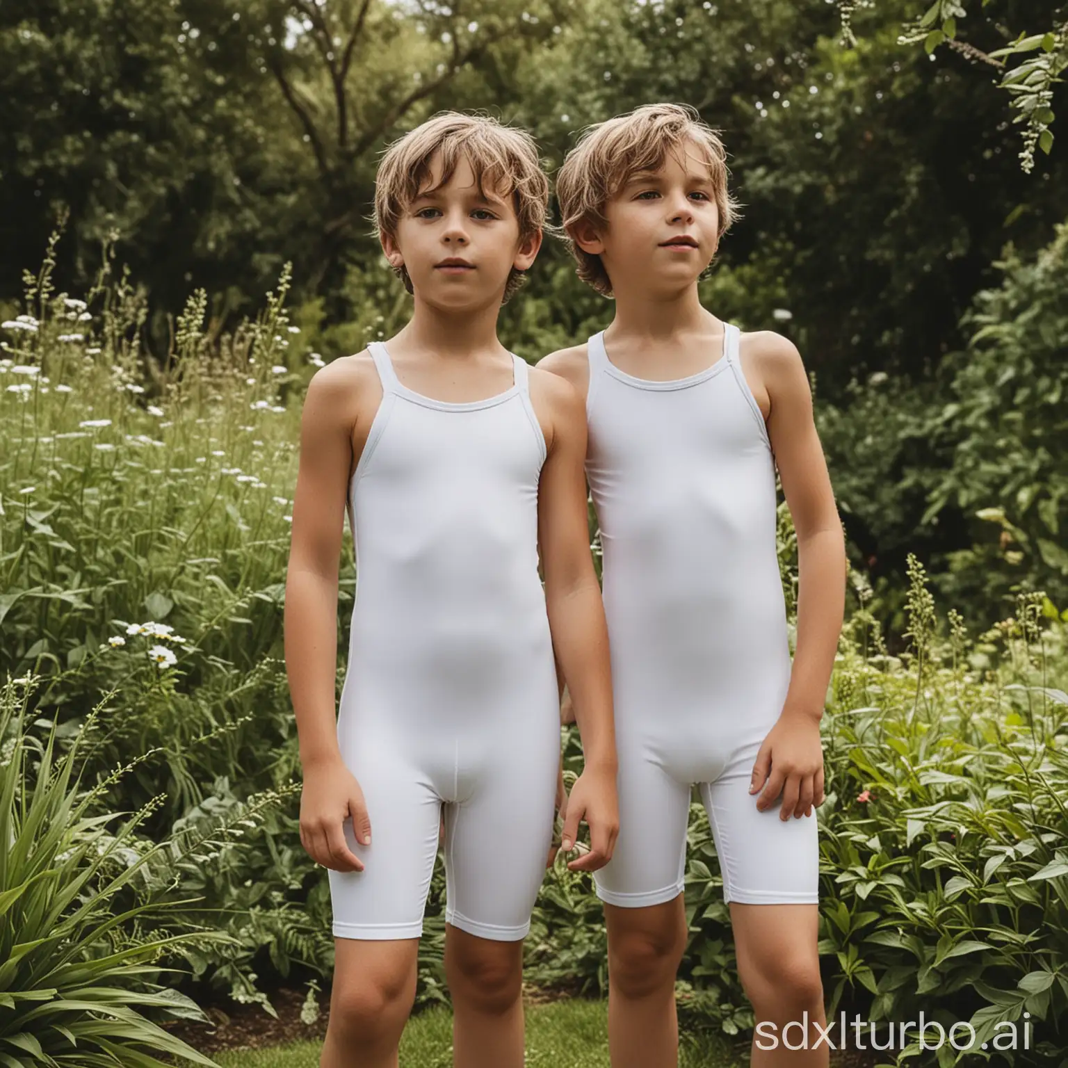 Boys-in-White-Swimsuits-Playing-in-Garden