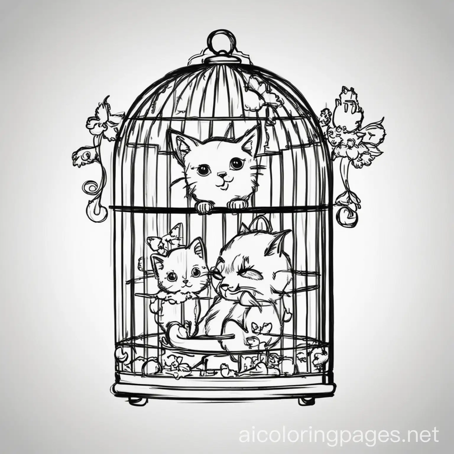 Canary-and-Kitten-in-Birdcage-Coloring-Page