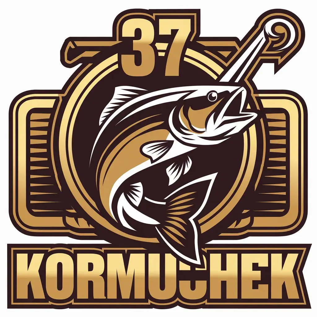 a vector logo design,with the text "37 Kormushek", main symbol:Fish on a hook,complex,be used in Retail industry,clear background