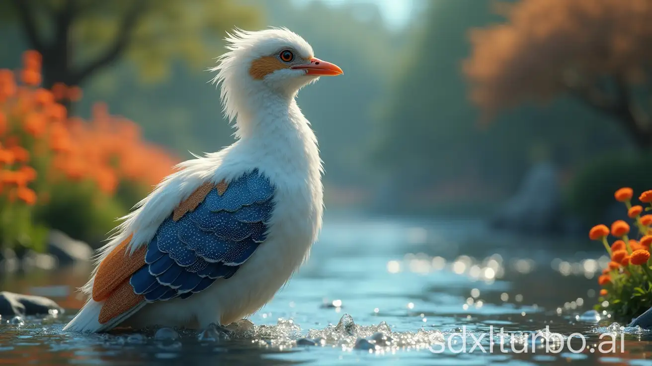 Create a picture of a bird with white, blue and orange feathers with an abstract dotted pattern. He is tall and his body is depicted in an ultra realistic style. The background is a river with flowers and trees, giving a vibrant impression and water extra realism. This image was produced in 4K, HD and RTX quality using Unreal Engine.glowing crystals water