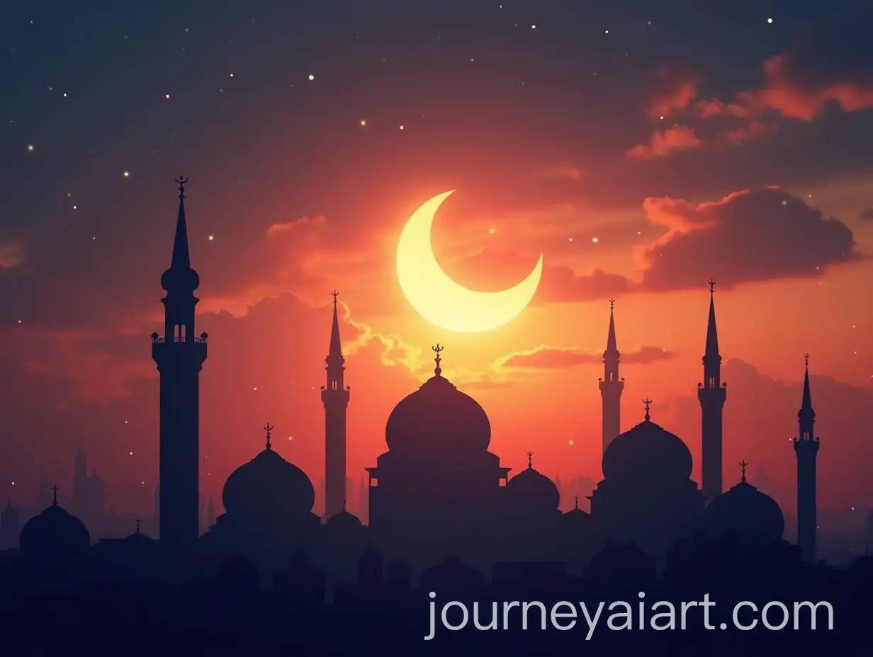 Islamic-Skyline-Silhouette-with-Crescent-Moon-and-Dramatic-Sunset