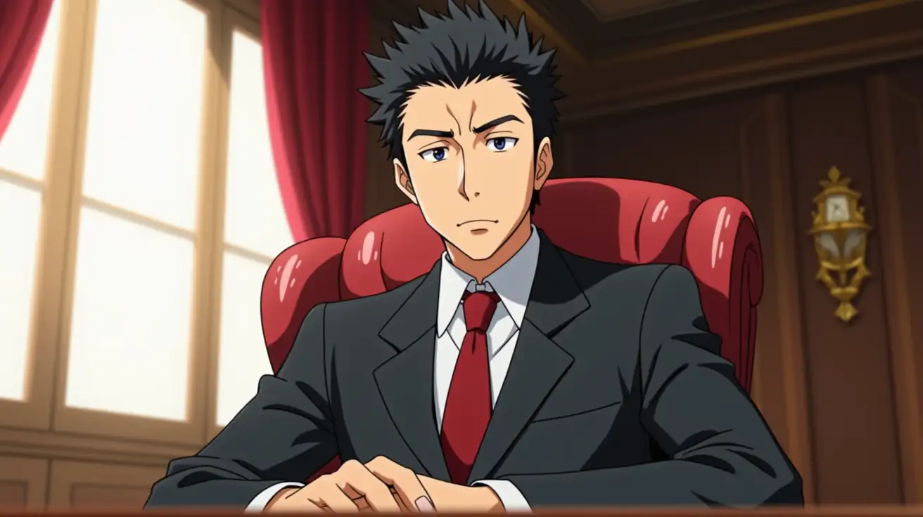 Anime-style image of a 30-year-old man, Fumio Kishida, a serious-looking Japanese politician, sitting in an elegant office. The man has short, spiky black hair and is wearing a formal dark gray or black suit, a white shirt, and a red tie. He is sitting in a plush red leather chair, with his hands resting on the desk in front of him. The background shows a brightly lit window and a large room with red curtains and sleek gold decorations, giving a formal and professional feel. The lighting is soft but accentuates the man's face, creating a sense of authority and concentration. The scene should capture the serious atmosphere of a high-stakes meeting or business negotiation.