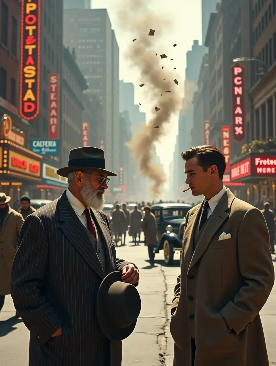 In a bustling 1947 city street, towering buildings frame a gritty urban scene. Horse-drawn carts clatter alongside early automobiles, their horns blaring. Street vendors hawk newspapers and hot pretzels, while pedestrians in fedoras and overcoats weave through the chaos. Neon signs flicker above diners and theaters, casting a warm glow on the cracked pavement. At the corner, two men stand, sharply dressed in pinstripe suits. One, grizzled and squinting, clutches a fedora in his hand, extending it toward a swirling dust devil dancing across the street. The whirlwind, alive with grit and occasional strips of colorful newspaper—bold reds, blues, and yellows—twirls like confetti caught in a dream. The other man, younger, lights a cigarette, eyeing the spectacle with a smirk, as if the city itself is playing tricks. The air hums with the scent of exhaust and roasted chestnuts, the dust devil spinning on, indifferent to the crowd.
