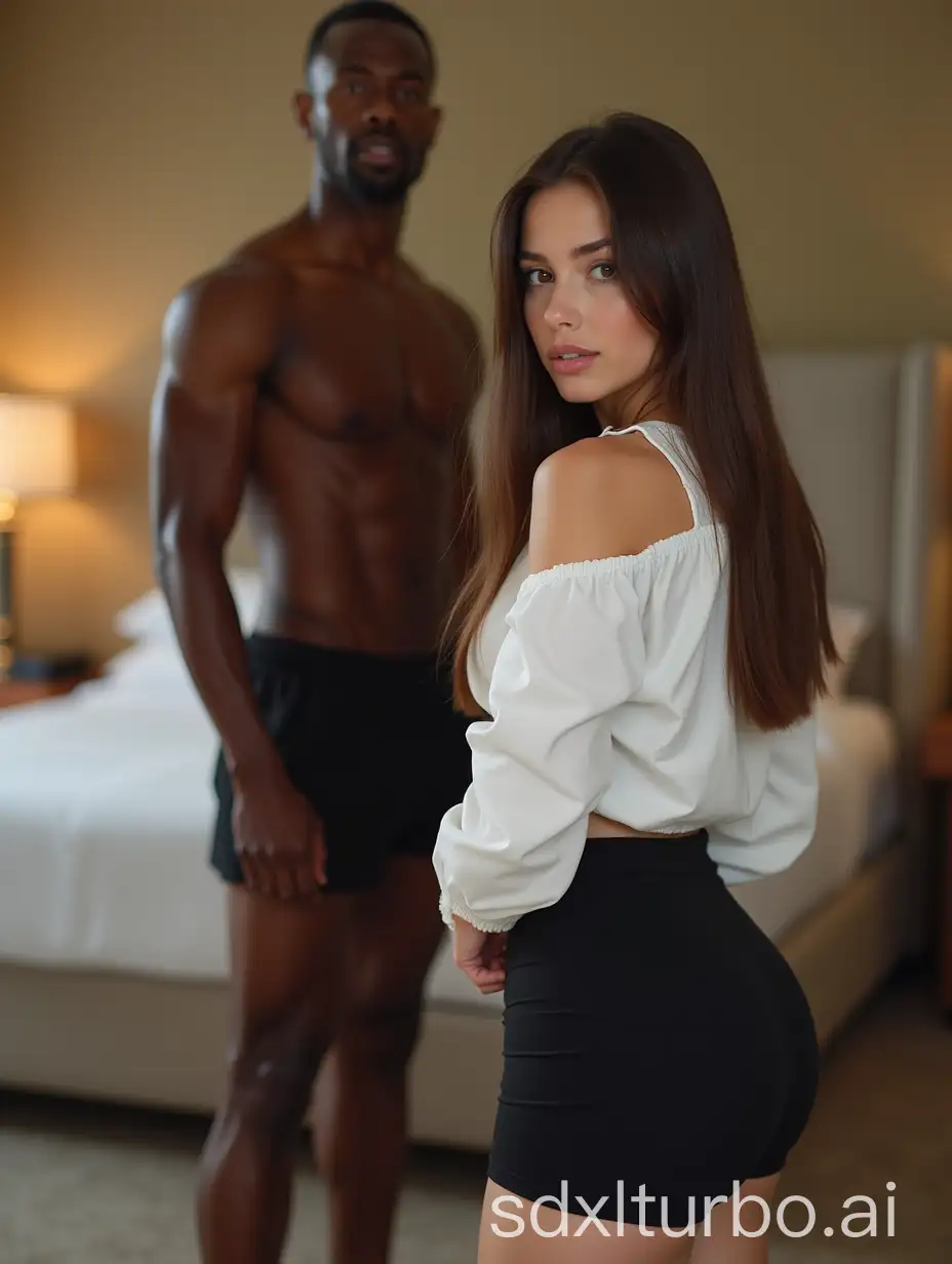 small brunette girl, looking at the camera, full body, in a black skirt, white shirt, clean face, pretty, long straight hair, in front of a black man, super tall, gym shorts, hotel room