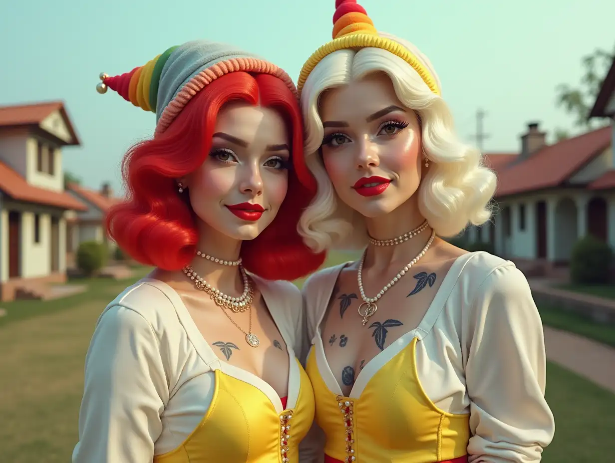 Two white, round Pin-up girls with red and white hair, wear a deep cut blouse in white and yellow, a slight smile on their faces, tattoos, with Rainbow Party Sparkle Hat red lipstick accentuates their smile, modern jewelry, and more a pearl necklace in their hand, in a park with many houses in India Cyberpunk 8k quality