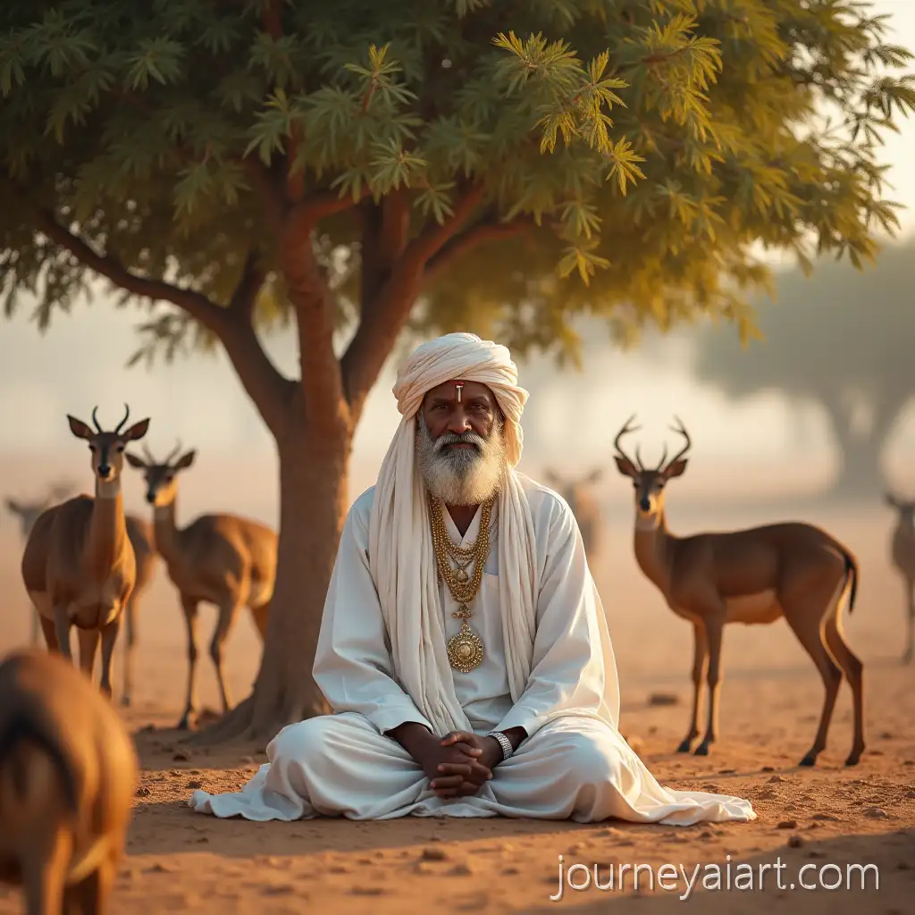 Guru-Jambheshwar-MaharGuru-Jambheshwar-Maharaj-Desertaj-Meditating-Under-a-Khejri-Tree-in-the-Thar-Desert-with-Peaceful-Deer