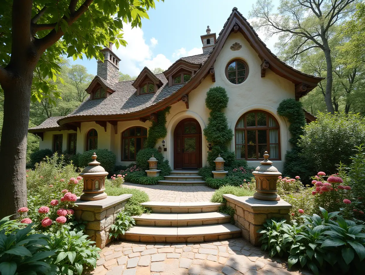 crooked house garden planting-with stucco in the form of plant ornament, large windows with glass closed, curved, smooth window shapes, winding big entrance step made of marble complex curved roof with dike,Lanterns,bench apple tree 4K resolution colorful superwide-angle shots