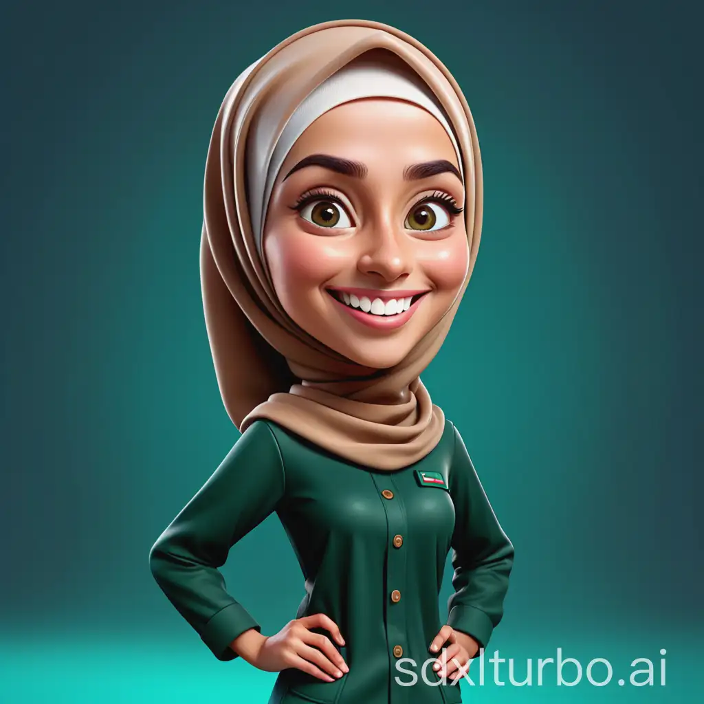 Realistic-Cartoon-Caricature-of-Smiling-Woman-in-Hijab-and-Uniform