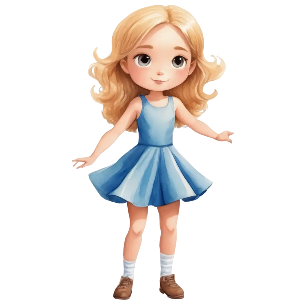 Cartoon-Style-PNG-of-a-6YearOld-Girl-with-Blonde-Hair-Brown-Eyes-and-a-Blue-Dress