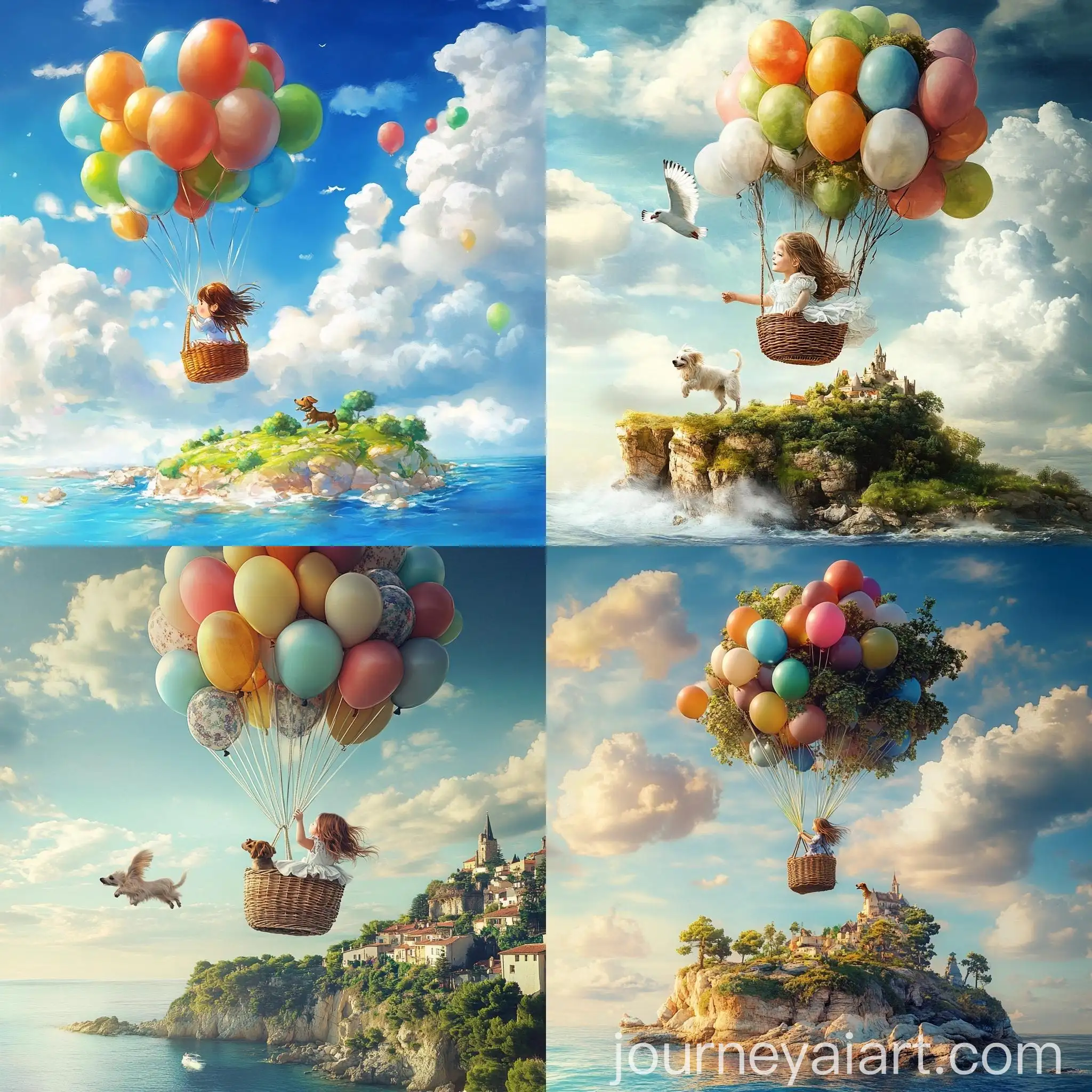 Adventurous-Girl-and-Dog-Flying-with-Balloons-Over-Island