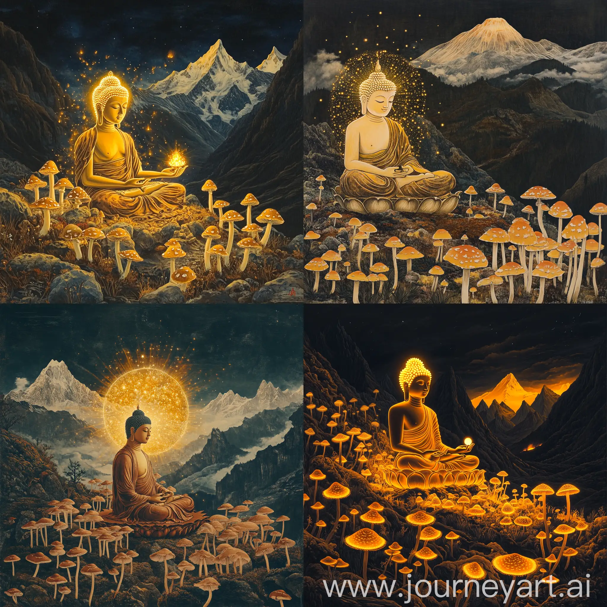 Golden-Buddha-Surrounded-by-Psylocybe-Cubensis-Mushrooms-in-Tibetan-Mountains