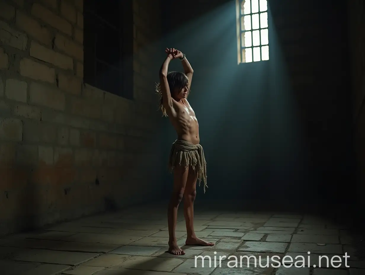 A low angle, full body shot of an extremely lean, handsome young man, about 18 years old, standing barefoot on his toes on a cold, dirty stone floor in a dimly lit, wide ancient vault. His body is positioned to the left, showing his right side, his head bowed humbly, gazing at the floor, his long, tousled hair unkempt. His slender, delicate frame glistens with sweat. He wears a ragged, torn and ripped loincloth, thin with age, barely covering his dirty body. His expression is desperate, begging and fearful, accentuating his vulnerability. He stretches his arms upright in the air,  above his head, as much as possible crossing his wrists. The damp prison walls, thick with dust, dirt, and cobwebs, heighten the oppressive atmosphere. Faint light filters through a small grated window, casting dramatic shadows across the scene. The dramatic interplay of light and shadow focuses on extreme realism, capturing the suffering of the young man and the harshness of his environment, with vivid colors and meticulous attention to every agonizing detail. Shot with a Nikon Z7 II, 50mm f/1.4 lens, shallow depth of field.