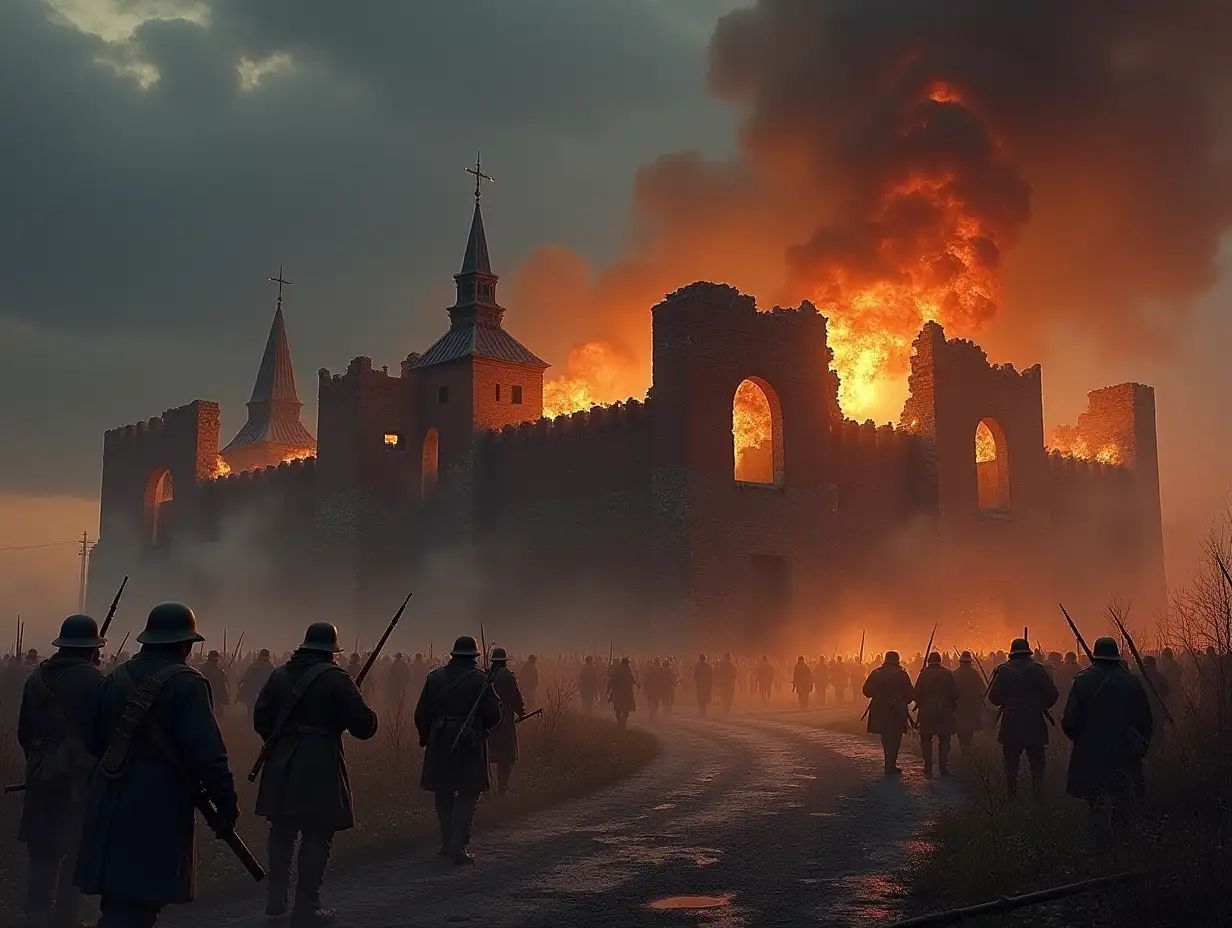 Depict a Russian fortress, surrounded by smoke and fire, with ruined walls, against a dark sky. Russian soldiers defend, despite heavy damage.