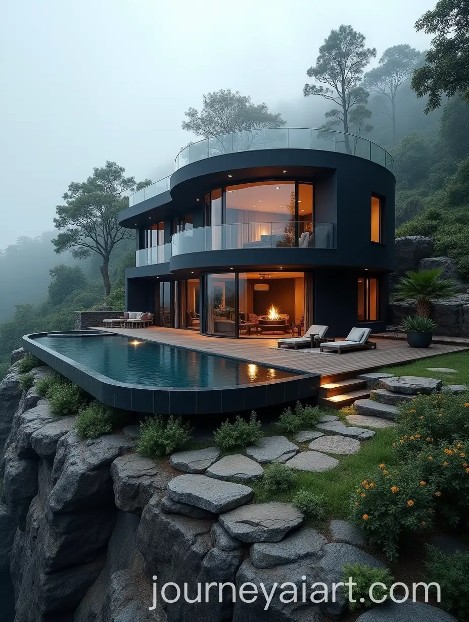 Modern-Black-Round-Villa-with-Infinity-Pool-and-Tropical-Forest-Setting