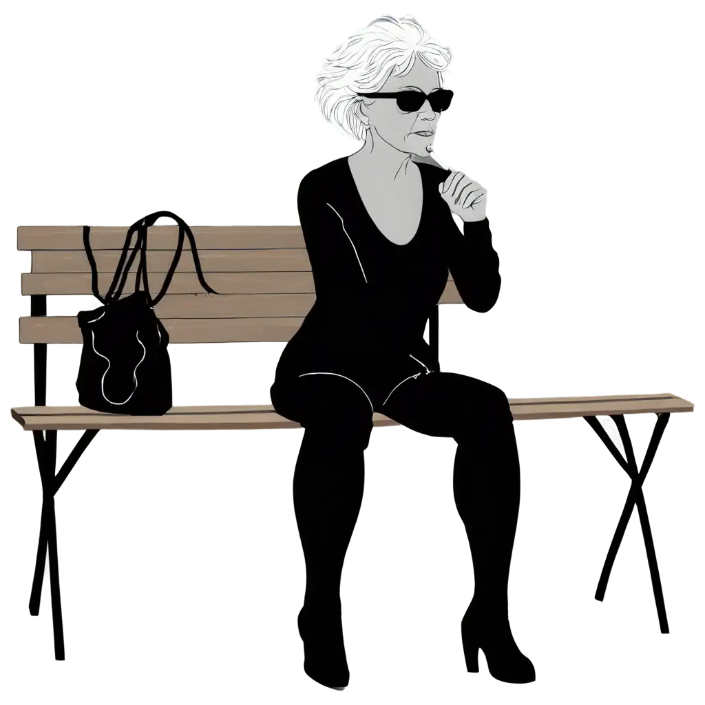 Black-Vector-Stickman-Old-Woman-Sitting-on-a-Bench-Smoking-a-Cigarette-PNG-Image-HighQuality-Transparent-Format