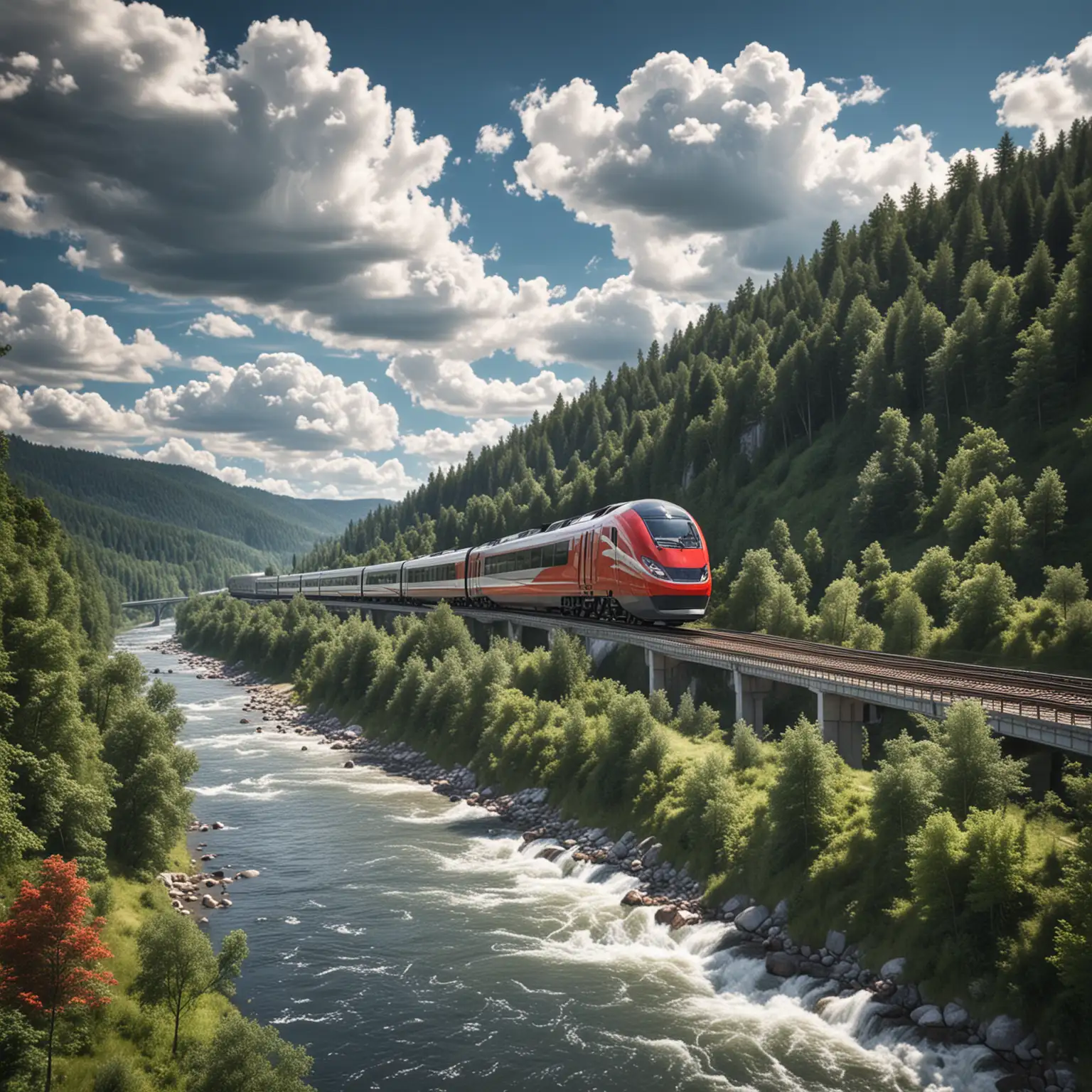 High-Speed-Red-and-Grey-Train-Racing-Through-Forests-and-Valleys-on-a-Sunny-Day