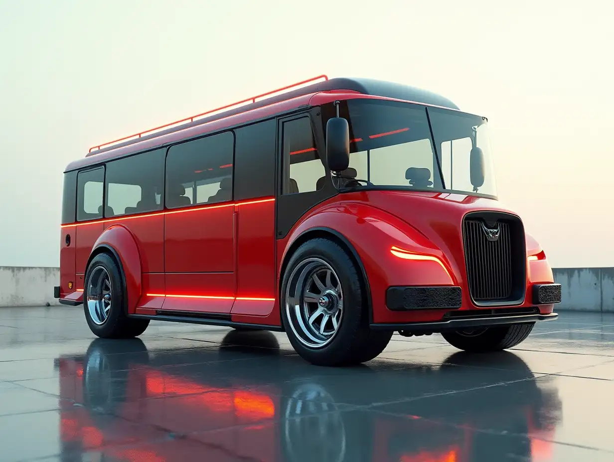 Supermodern utopian sports bus with, lowered with crazy gears big on the roof aluminum rims, wide cream-colored tires, Cremerot, Cremeschwarz Cyberpunk