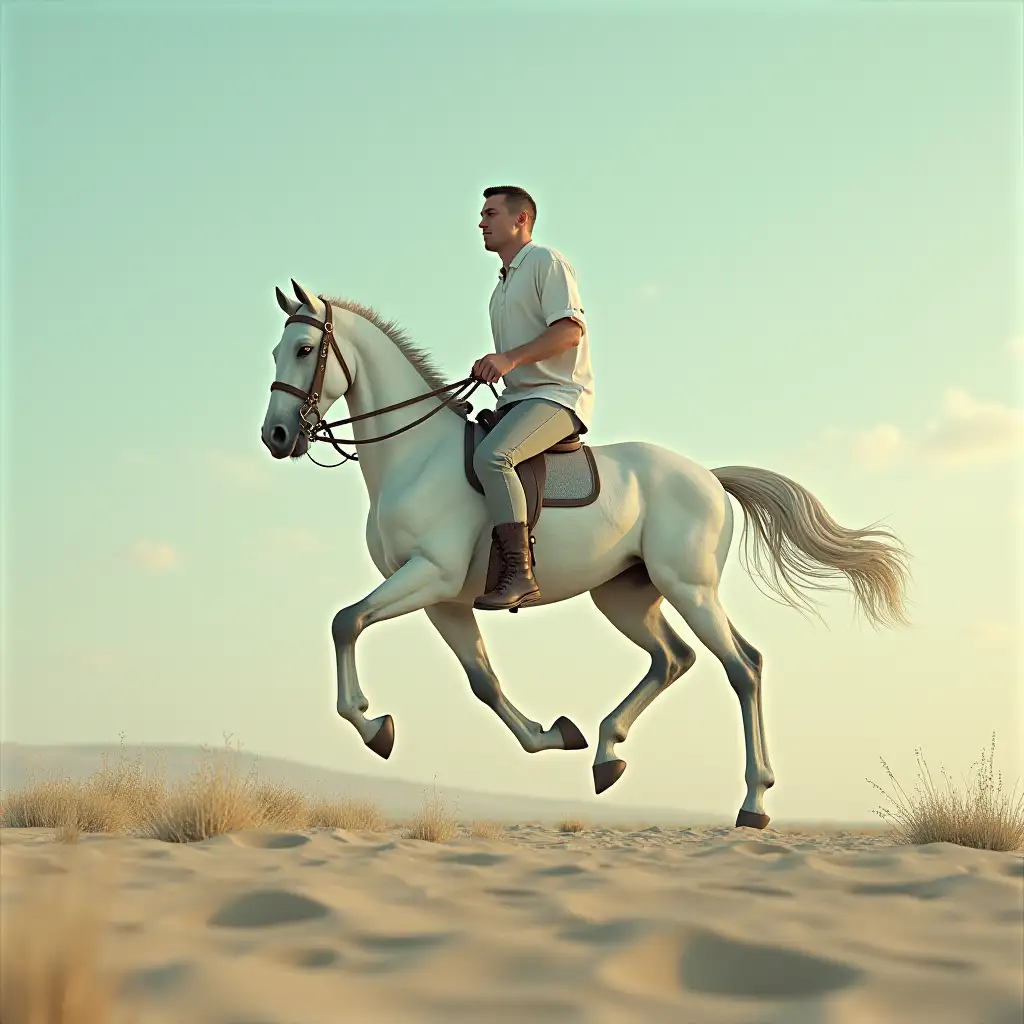 A man riding on the back of a white horse, an album cover by Storm Thorgerson, trending on zbrush central, tonalism, quantum wavetracing, redshift, chillwave