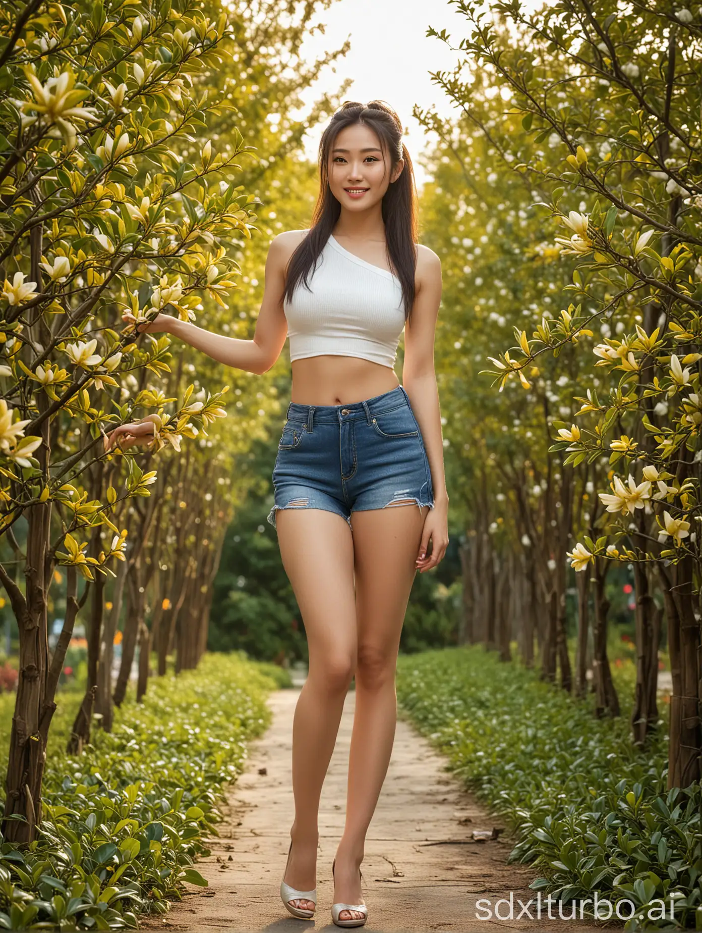 32 year old Chinese woman, 173 cm tall, 68 kg weight, beautiful and elegant facial features, fair skin, tall and athletic build, well-proportioned, has a little abs, perfect hourglass figure, golden ratio body shape, medium long hair, diagonal ponytail, white cropped top, light blue denim shorts, legs in black high heels with red soles, sweat marks on face and body. Full body, barefoot, background: tall green magnolia tree, falling magnolia flowers, Osmanthus tree, sunset sky, colorful clouds. Tall cornstalks, taller or as tall as people. Showcasing her beauty and well-shaped physique, high quality, masterpiece, clear focus, high resolution, seductive pose, smiling back with a hundred charms. Bending over to show off her curves, rear view, emphasizing her plump and large buttocks. Long and elegant white fingers.