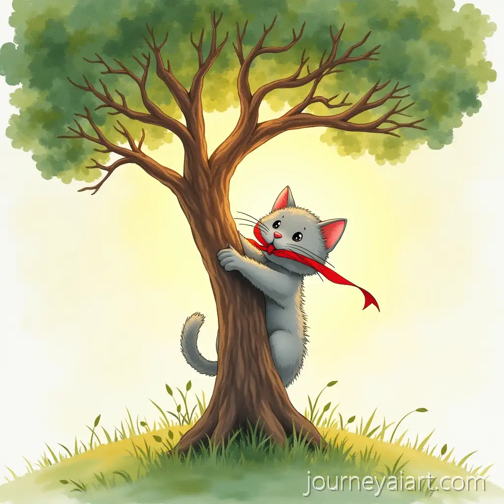 Gray-Kitten-at-Top-of-Oak-Tree-Holding-Red-Ribbon-in-Sunlight-Watercolor-Illustration