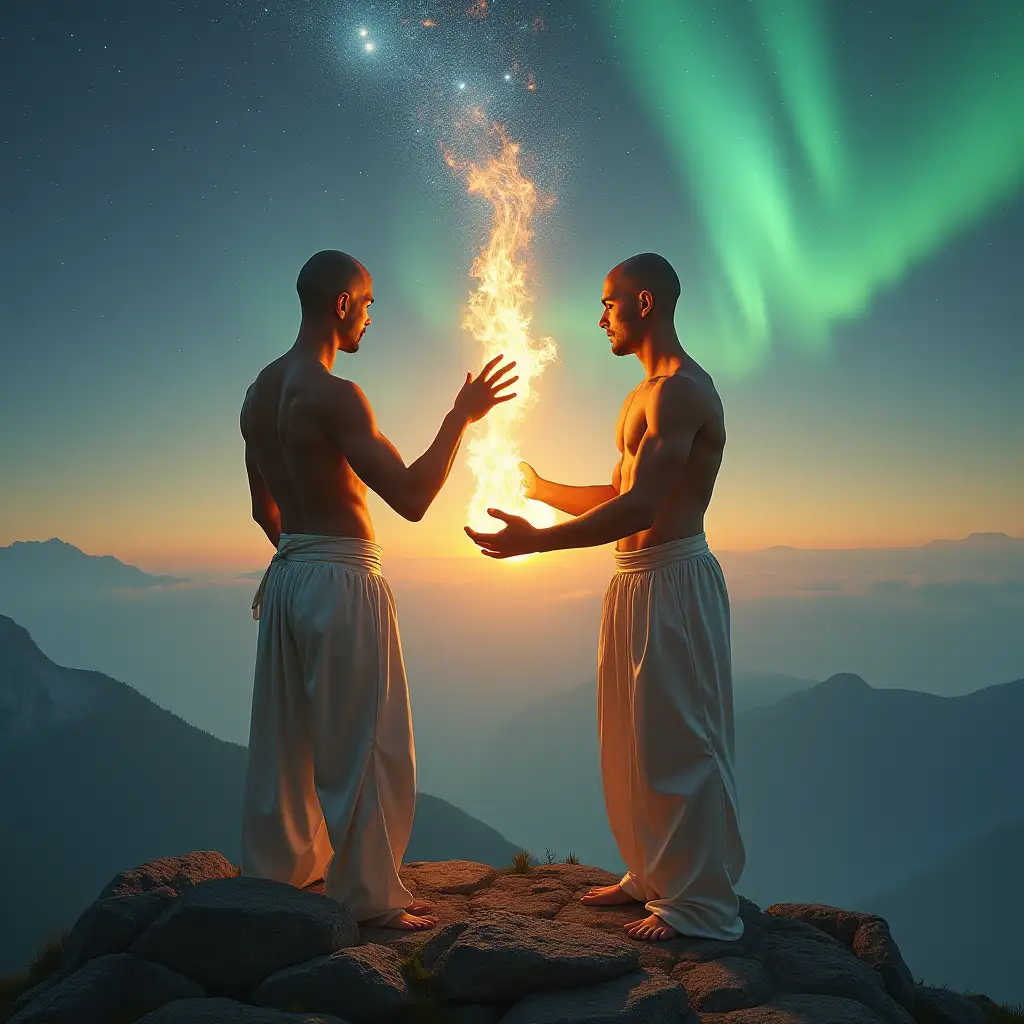 Hispanic-Twin-Brothers-Holding-Golden-Flame-on-Mountain-with-Aurora-Borealis