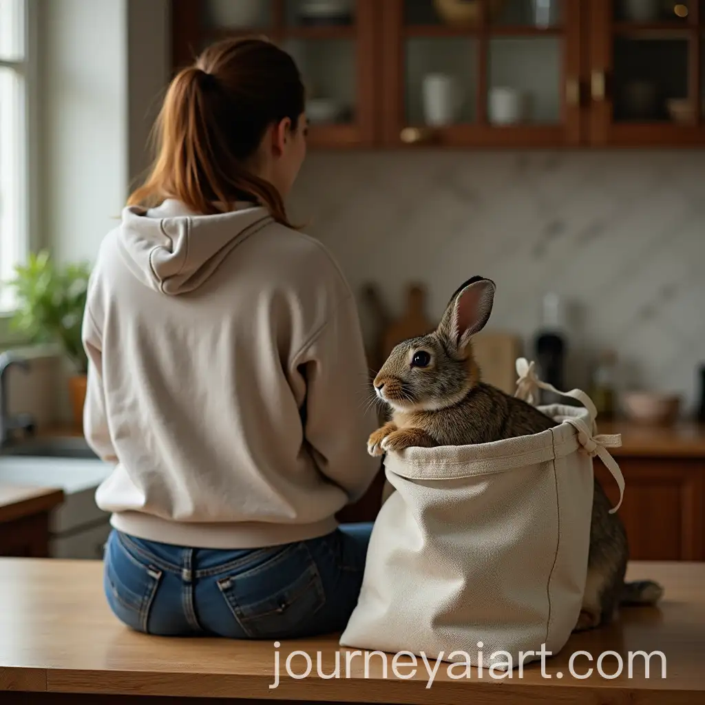 Woman-Sitting-on-Kitchen-Counter-with-Fabric-Bag-Containing-Wild-Rabbit