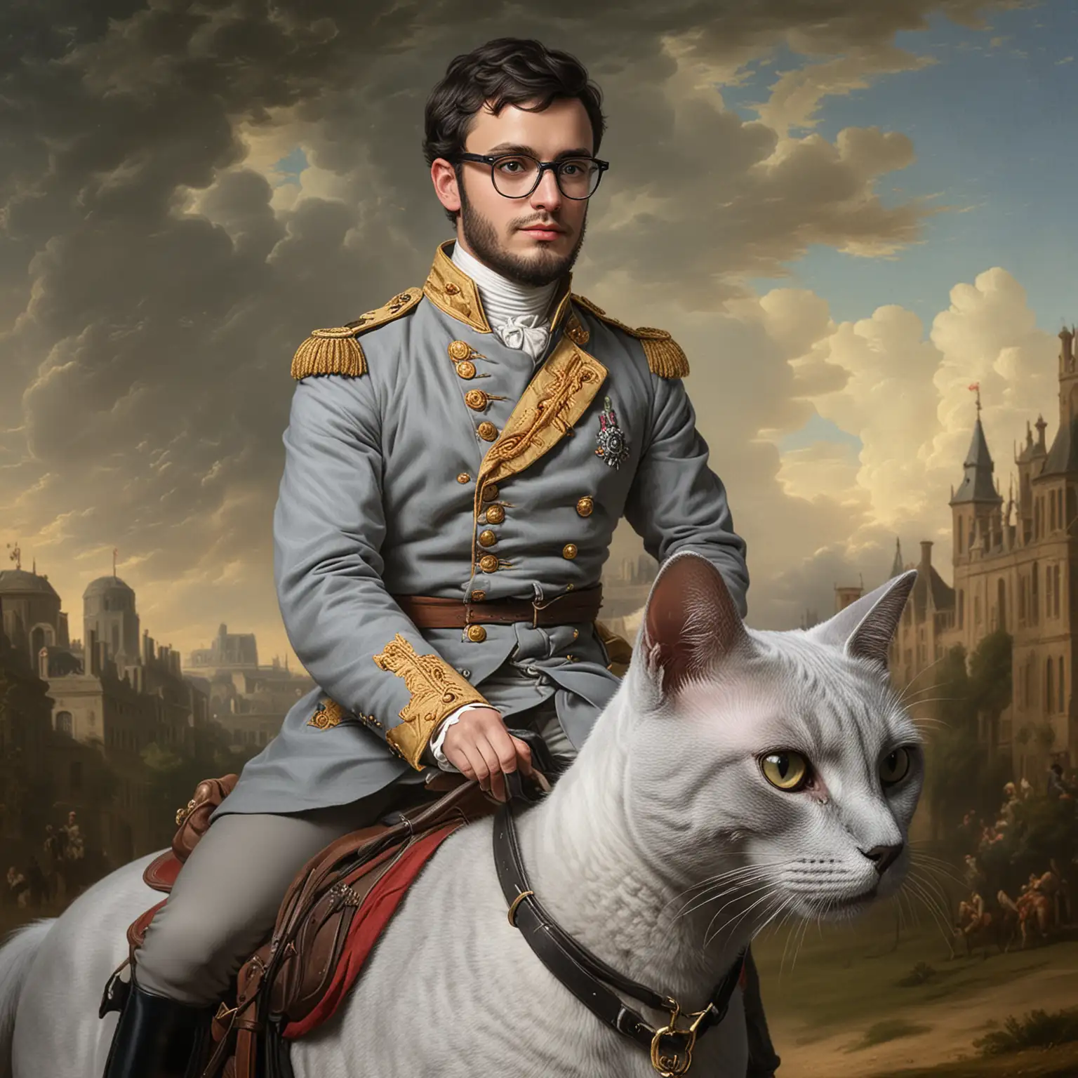 Young white european male with a short black beard and wearing glasses is riding a grey colour British short hair cat, image it's influenced by napoleon riding a horse, but this time the man is riding the cat like a horse