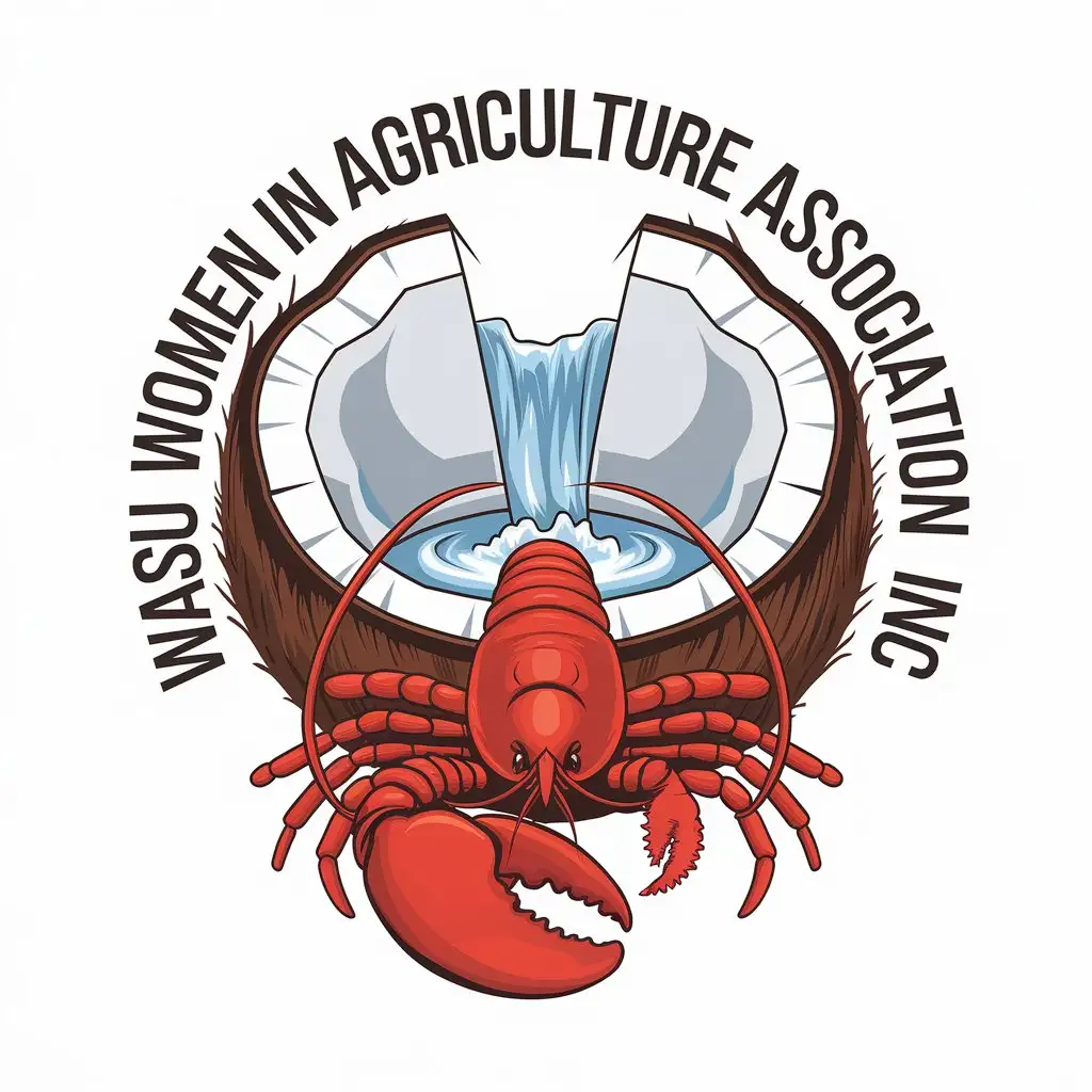 LOGO Design for Wasu Women in Agriculture Association Inc Half Coconut Lobster and Waterfall Symbolism