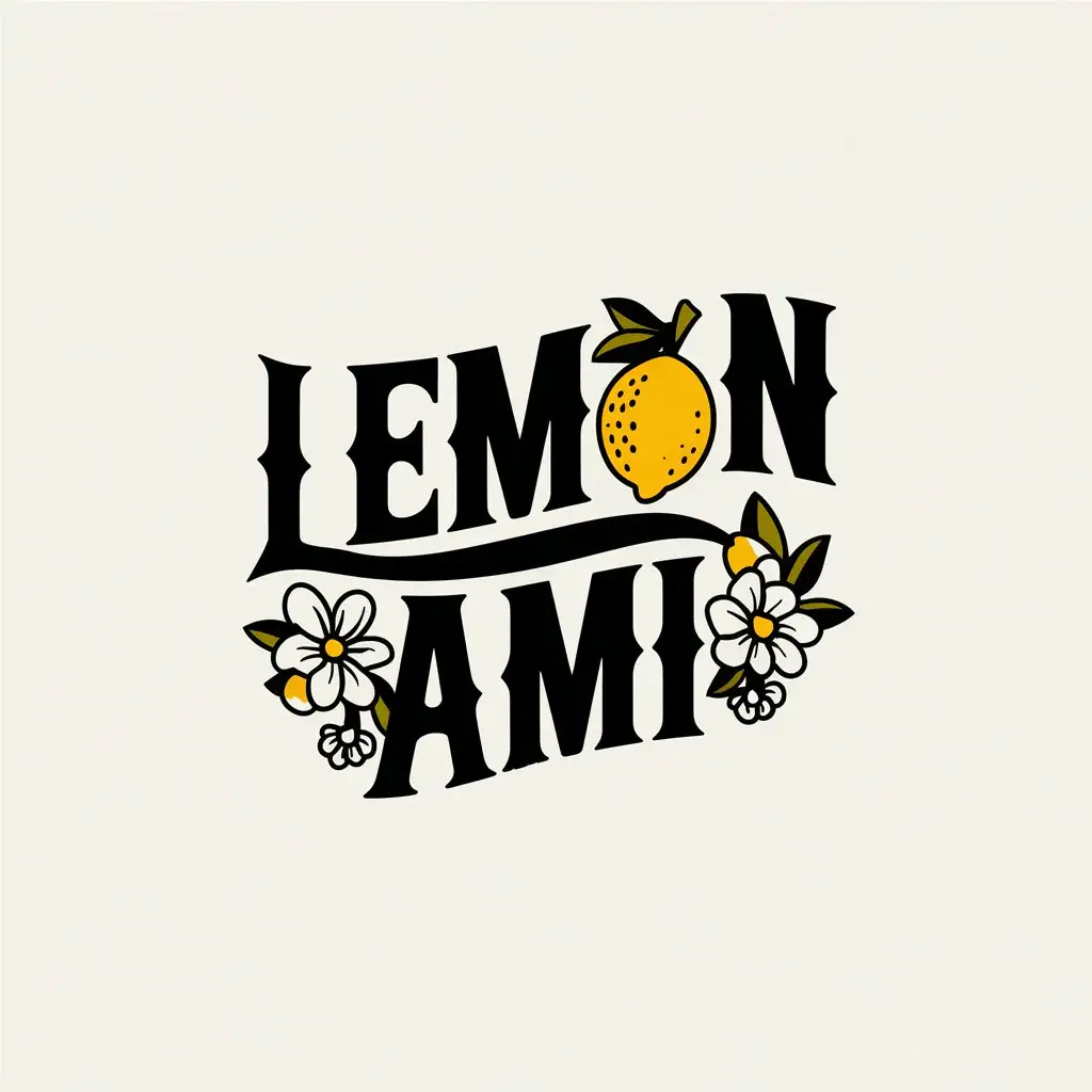 a vector logo design,with the text "Lemon AMI", main symbol:Stile tattoo old school traditional vintage, monochromatic lemon flowers and lemons,Moderate,clear background