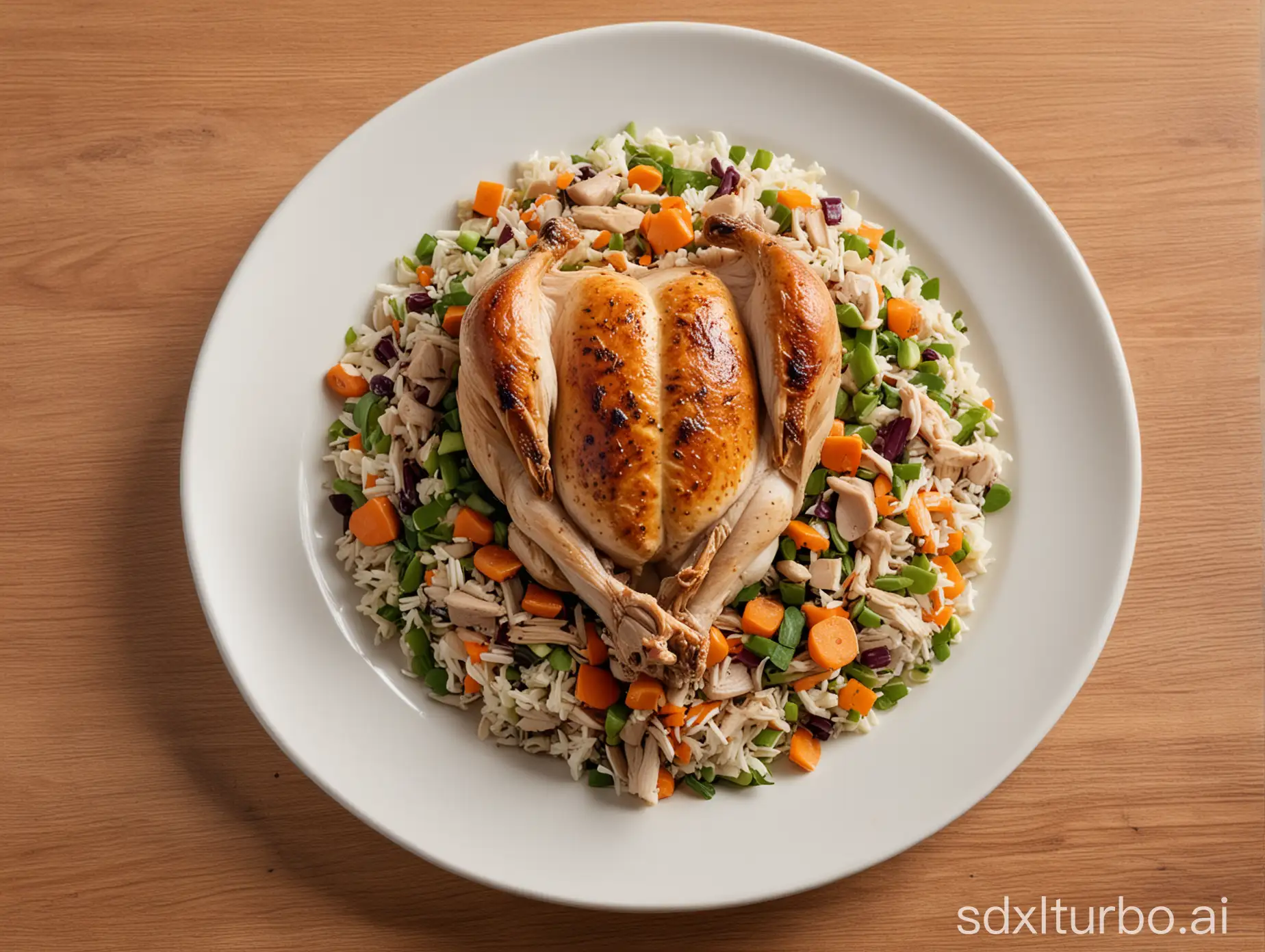 Perspective-of-Rice-Salad-Plate-with-Whole-Roasted-Chicken