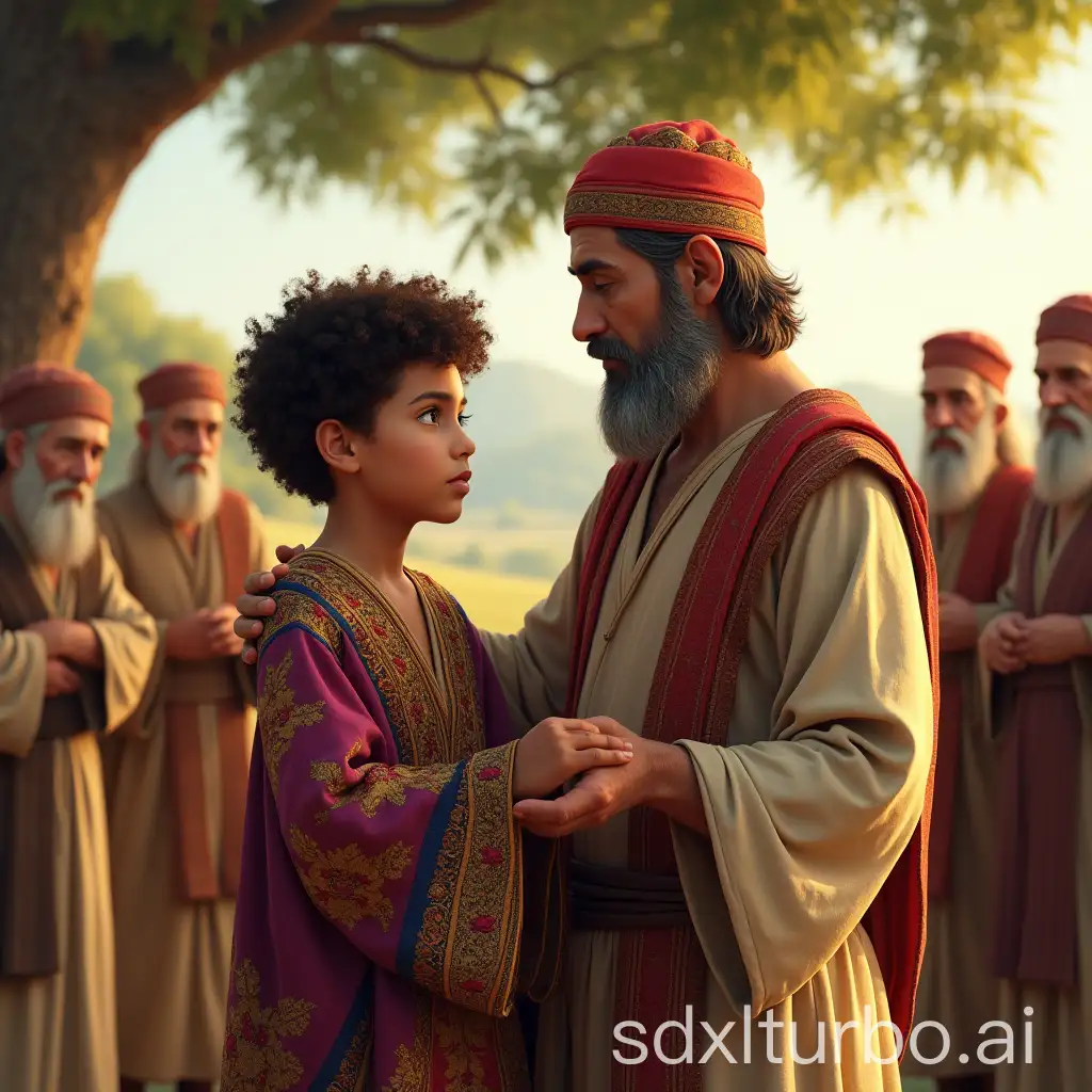 Young-Boy-Receiving-Robe-from-Elder-in-Biblical-Setting-with-Lush-Green-Landscape