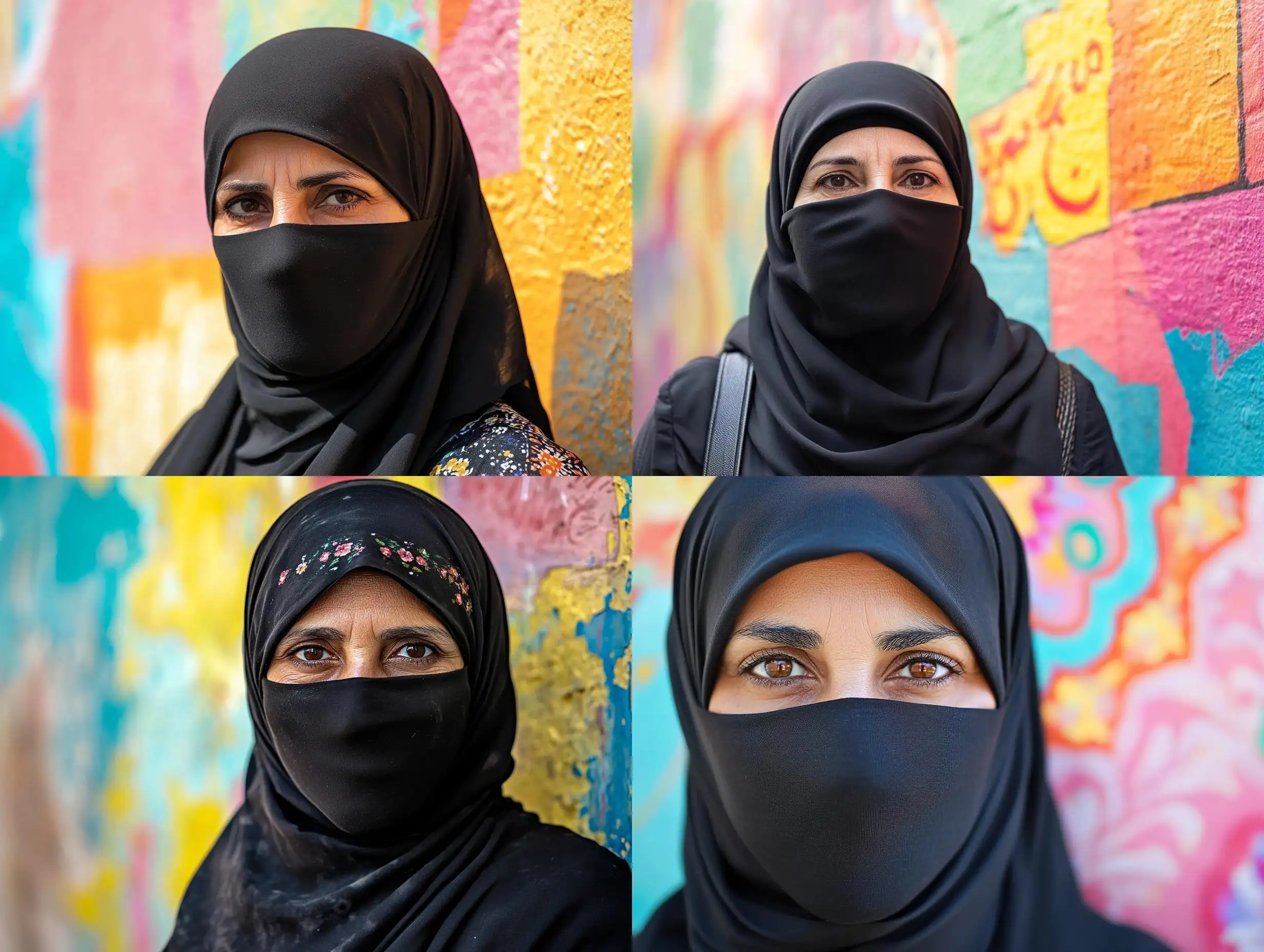 Middle-Eastern-Woman-in-Black-Niqab-Standing-before-Colorful-Wall