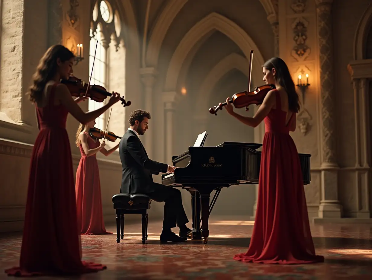 A photorealistic image of a man playing a grand piano and two women playing violins, performing classical music in a grand hall of a medieval castle. The characters should be positioned further back in the scene to showcase the vastness of the hall and its intricate architecture. The image should be in 16:9 format for a YouTube video background.