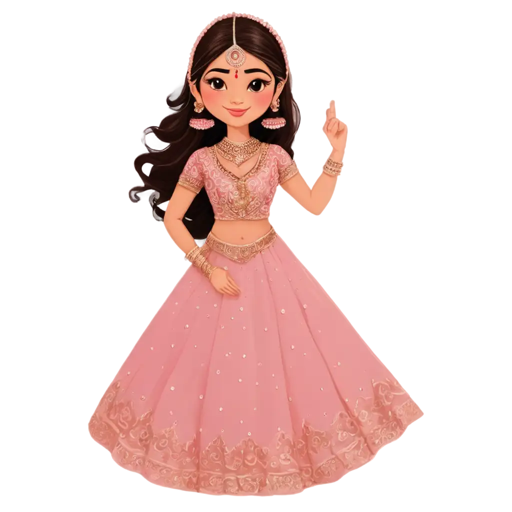 Stunning-Henna-Cartoon-Bride-PNG-Embroidered-Pink-Lehenga-Silver-Jewelry