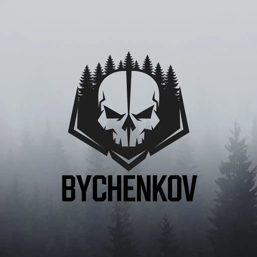 LOGO Design For Bychenkov Minimalistic Vector Logo with Split Skull in Forest Fog