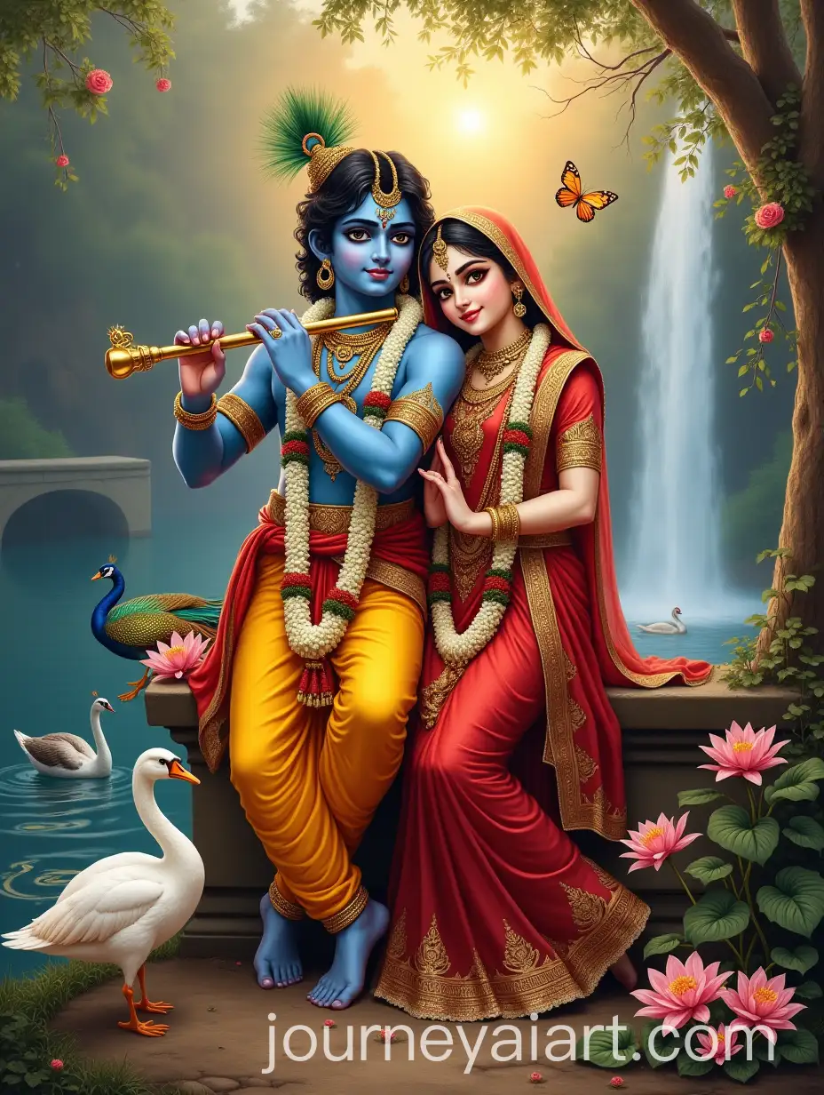 Radha-and-Krishna-in-Divine-Harmony-with-Waterfall-and-Peacock