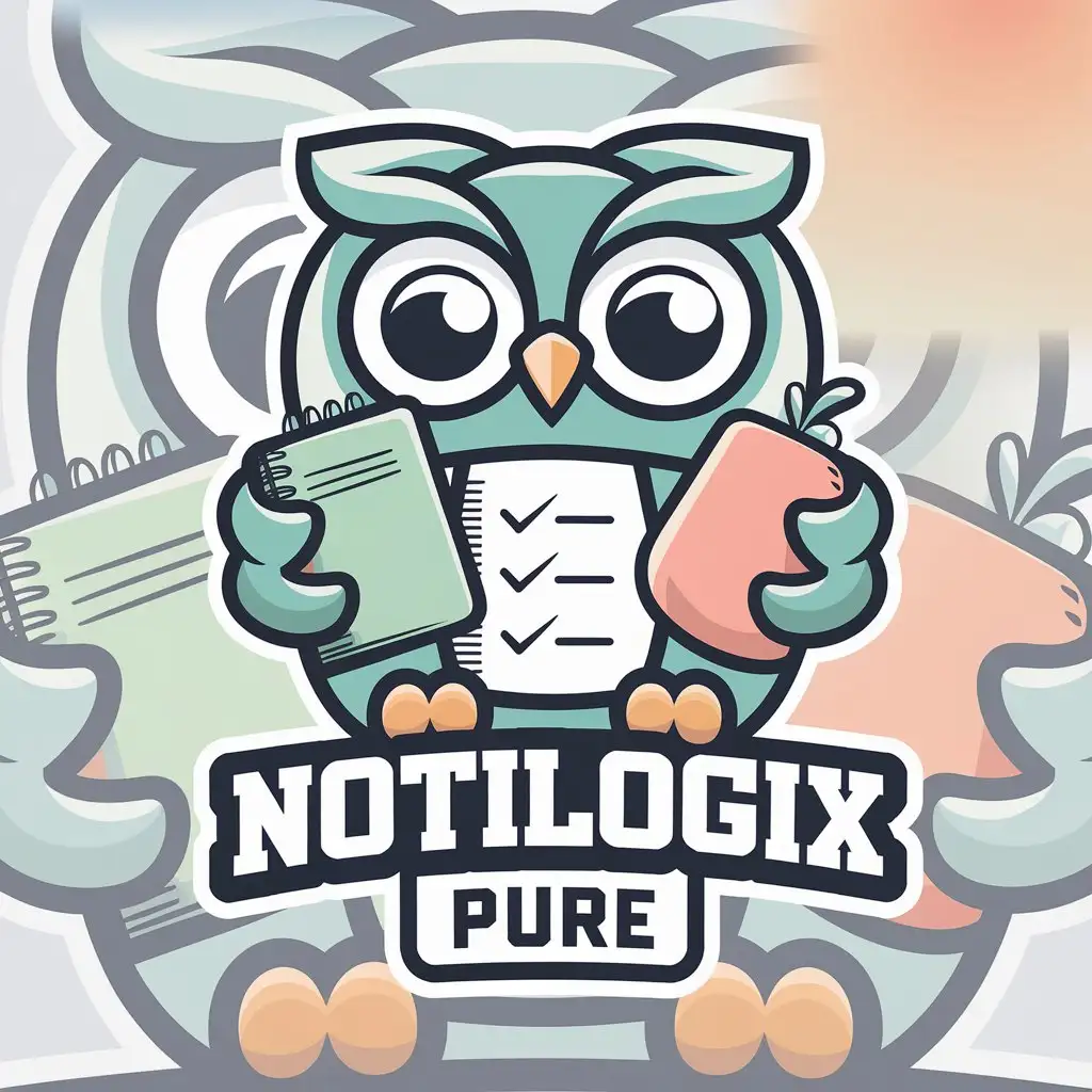 LOGO Design for NotiLogix Pure Playful Owl Mascot with Notebook Checklist and Coin Purse in Soft Pastel Colors