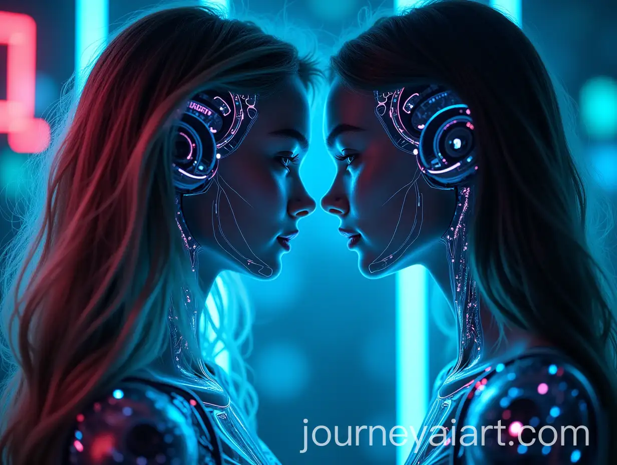 Ordinary-Girl-and-Robotic-Girl-Drawing-on-Glass-with-Neon-Markers