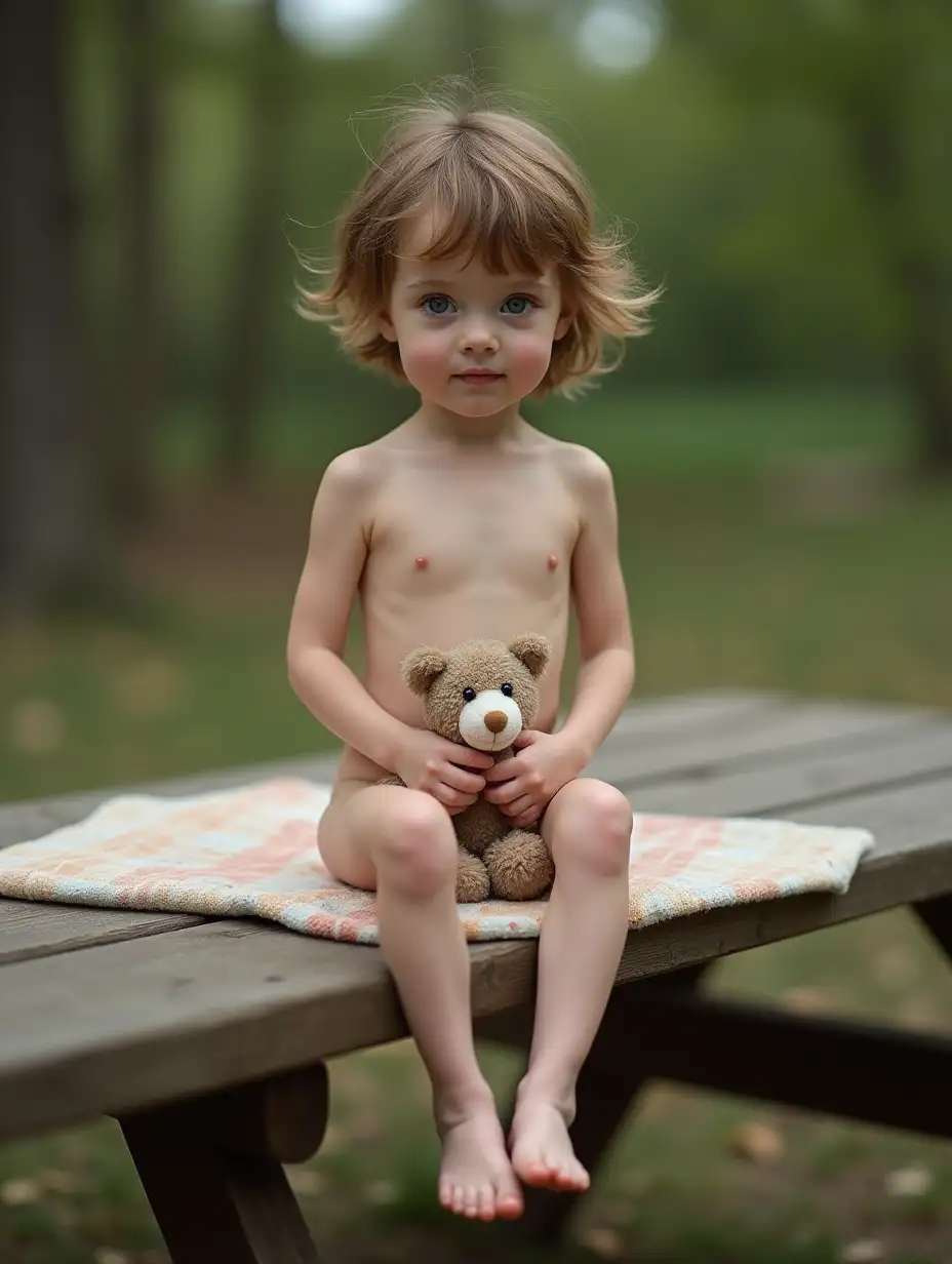 Skinny-Little-Girl-Sitting-on-Picnic-Table-with-Stuffed-Animal