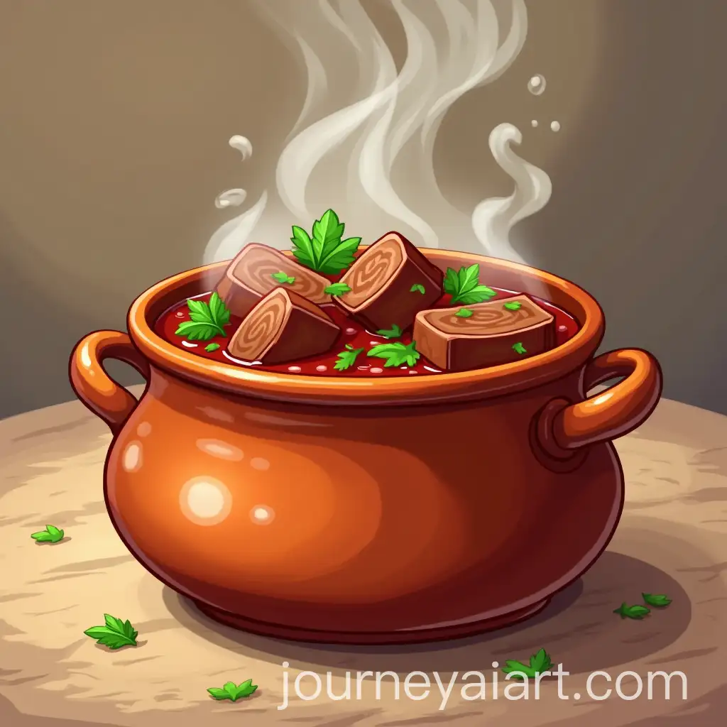 CartoonStyle-Illustration-of-Rustic-Clay-Pot-with-Beef-Stew-Garnished-with-Parsley
