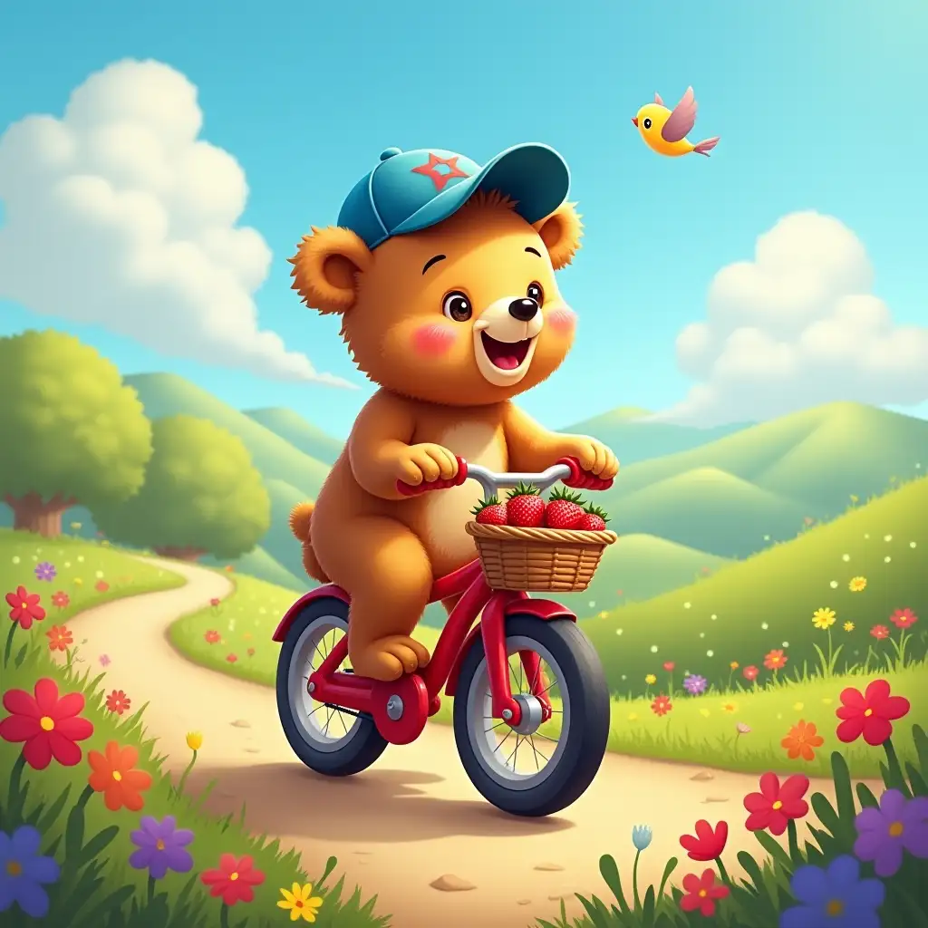 In a whimsical and colorful cartoon world, a charming bear rides a bright red bicycle, its oversized wheels turning effortlessly beneath it. The bear, with soft, fluffy fur in shades of honey brown, wears a playful blue cap tilted jauntily to one side, accentuating its cheerful demeanor. With a wide grin, the bear pedals along a sun-drenched path lined with vibrant flowers in a riot of colors—reds, yellows, and purples—that dance in the gentle breeze. The background is alive with the sounds of chirping birds and rustling leaves, framed by a clear azure sky dotted with fluffy white clouds. In the distance, green hills roll gently, creating a picturesque backdrop. A basket attached to the front of the bicycle is filled with ripe strawberries, possibly a reward for the bear’s delightful ride. The scene radiates joy and innocence, capturing the essence of carefree adventures in a magical, animated landscape, where imagination knows no bounds.