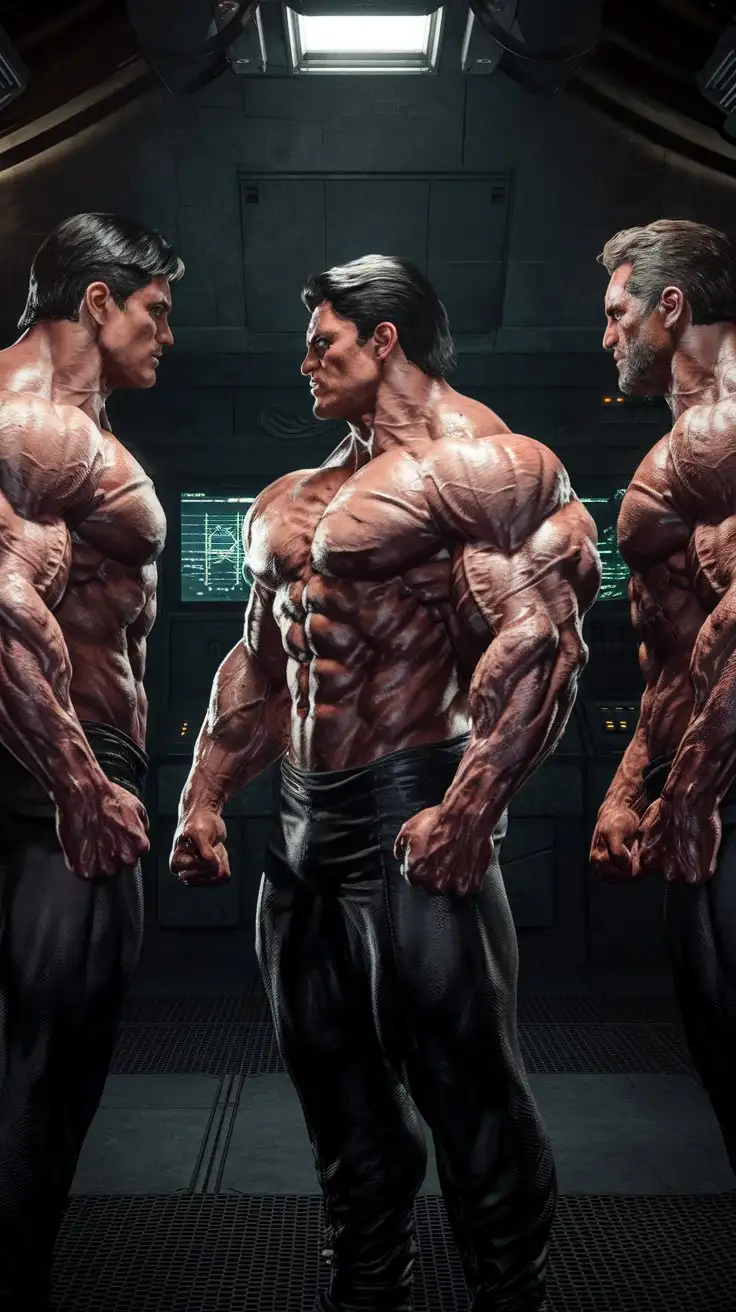 Three-Muscular-Men-Forming-Telepathic-Link-in-Futuristic-Bunker