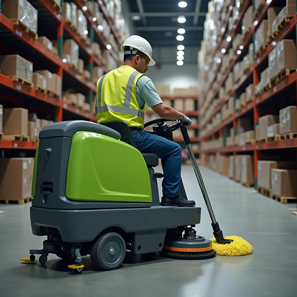 A janitor on a scrubber machine cleans the warehouse