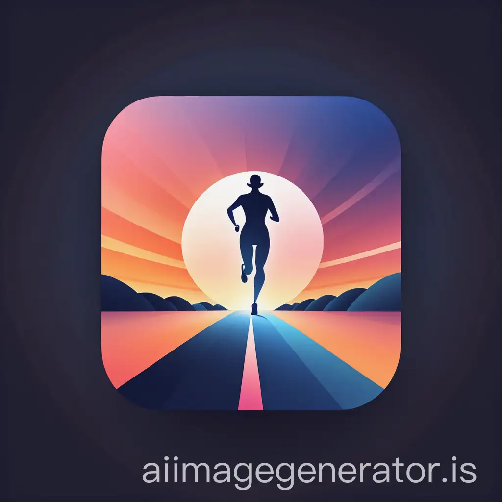 Design a square logo or with slightly rounded corners for a mobile app. The logo shows a smooth 'T' shaped path, narrowing in perspective towards the background, giving a sense of depth. In the center of the path, a human figure running forward, symbolizing energy and movement. The background features a sunset with warm tones of oranges and pinks, fading to dark blues at the top of the sky. The design should be minimalist, modern and recognizable in small sizes, ideal for an application icon.