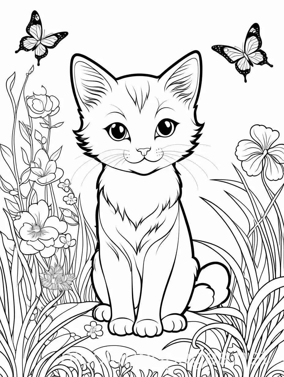 Kitten-Playing-with-Butterflies-in-Garden-Coloring-Page