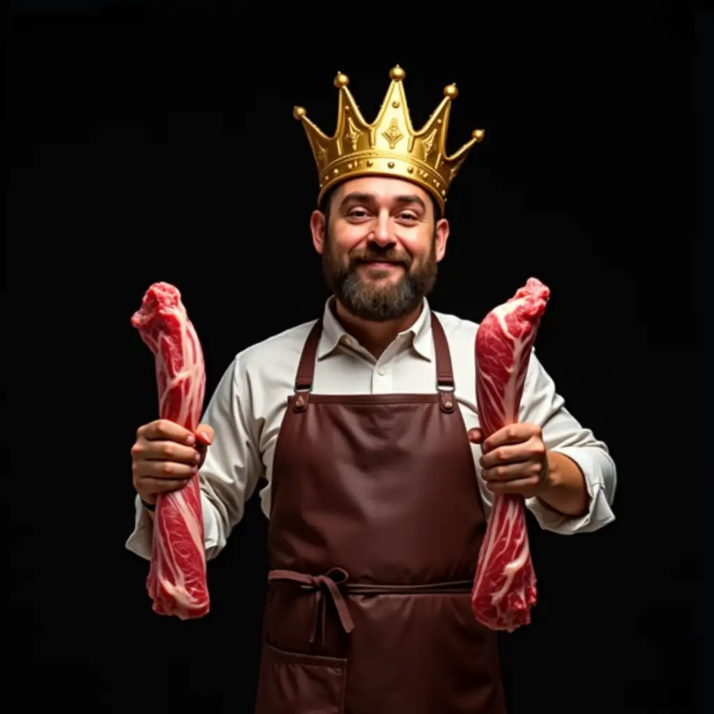 Butcher holding meat with a golden crown, with black background