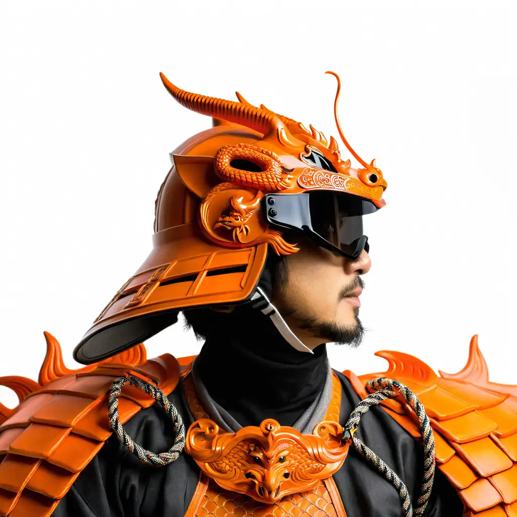 Handsome Japanese Man in Orange Samurai Dragon Helmet