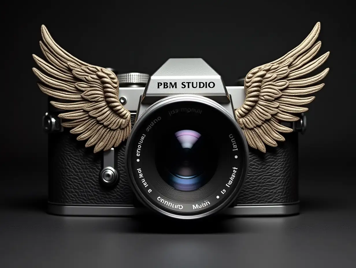 Photo camera with musical symbol wings with writing PBM STUDIO on top, the lenses written OMundi of Music, we produce for you