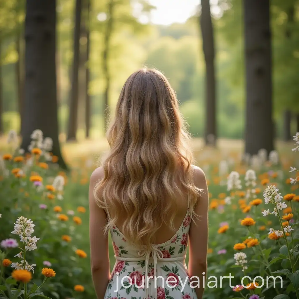 Pretty-Lady-with-Long-Wavy-Blonde-Hair-in-Summer-Forest-Surrounded-by-Flowers